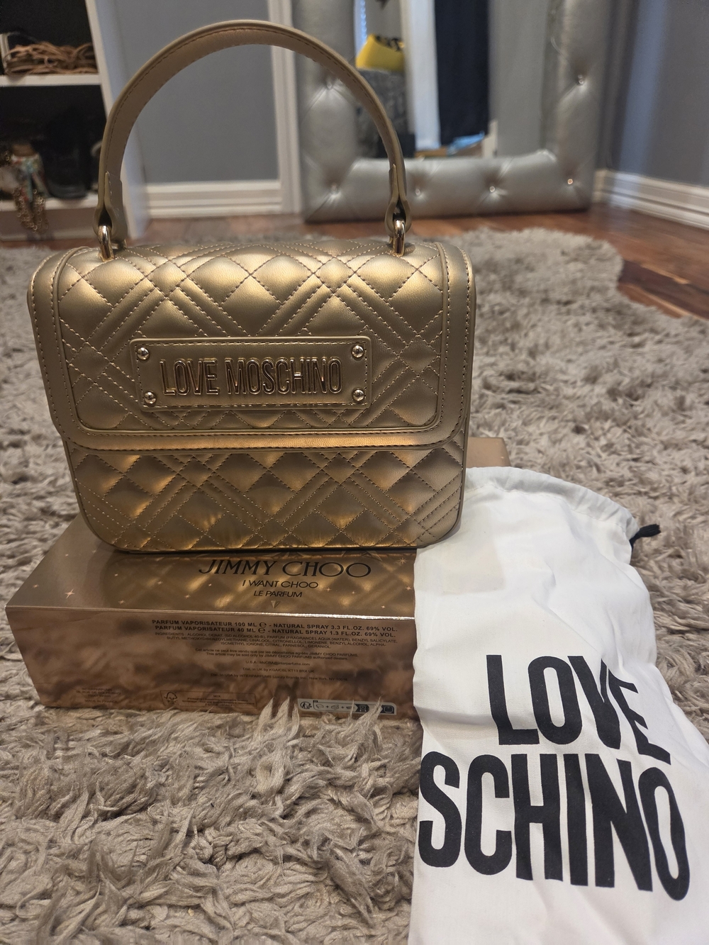 Love Moschino Metallic Gold Quilted Mini Top-Handle Bag